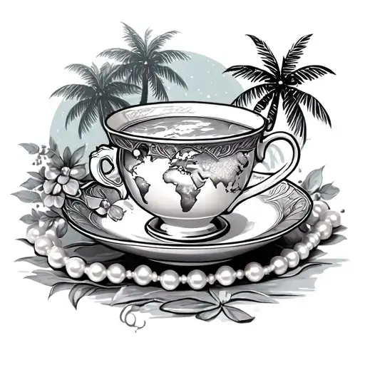 tea cup, pearls, bow, locket, palm trees, world stamp tattoo design idea