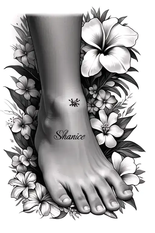 name Shanice  placed on the foot and ankle, surrounded by lots of Hawaiian flowers like hibiscus, plumeria, and mayb tattoo design idea