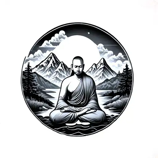 I want a tattoo with a monk meditating in the background a spiritual mountain, down "for the arm" landscapes tattoo design idea