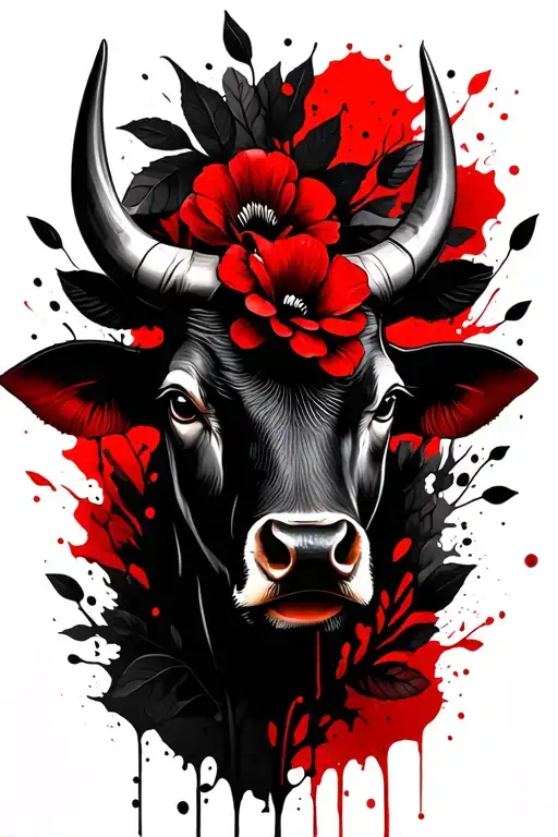 Bull head, black flowers and leaves tattoo design idea