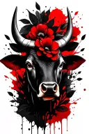 Bull head, black flowers and leaves tattoo design idea