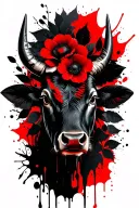 Bull head, black flowers and leaves tattoo design idea