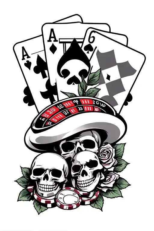Casino gambling roulette, cards, chips themed tattoo with skulls, puertorican flag and roses tattoo design idea