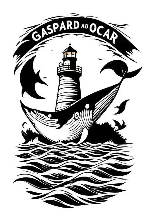 the whale lighthouse, the outline of the Île de Ré, the tides, the first names of my children Gaspard and Oscar tattoo design idea