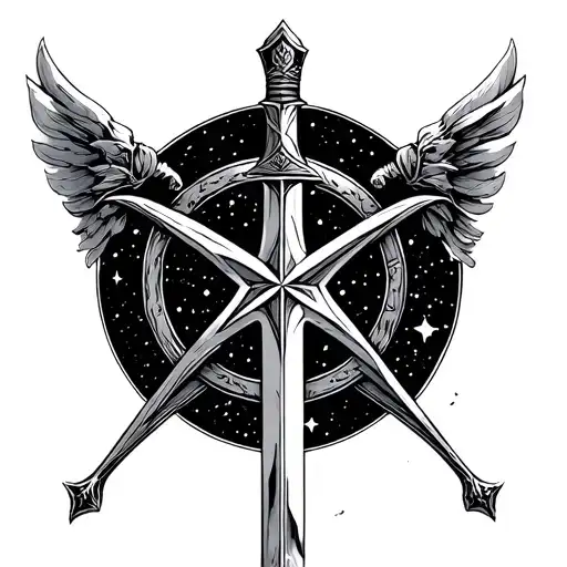 Excalibur sword with st Dominic's star constellation tattoo design idea
