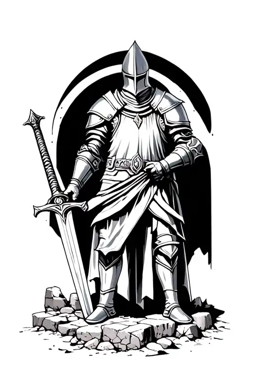 Knight holding a Sword in front of Ruins tattoo design idea