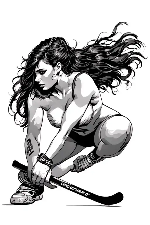 sexy woman holding hockey stick tattoo design idea