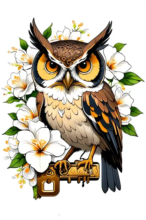 clockwork owl lock and key gardenias blooming tattoo design idea
