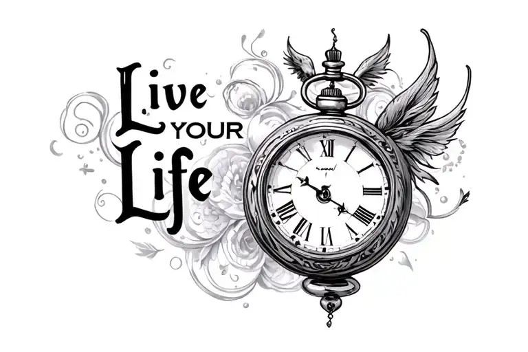 "Live Your Life" "Live Your Life" hourglass and pocket watch background creatures tattoo design idea