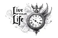 "Live Your Life" "Live Your Life" hourglass and pocket watch background creatures tattoo design idea