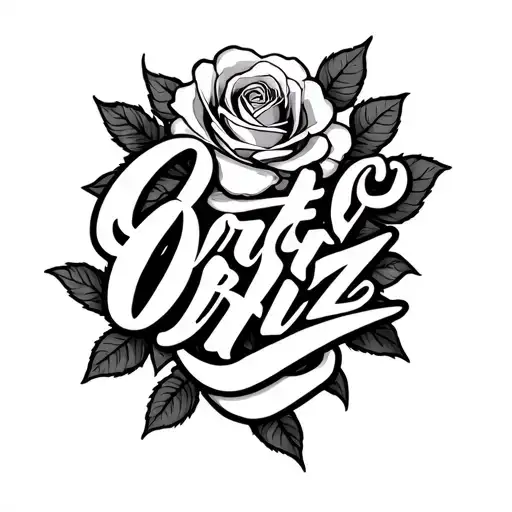 A lettering forearm tattoo that says Ortiz and a rose background tattoo design idea