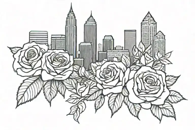 Cleveland skyline with roses tattoo design idea