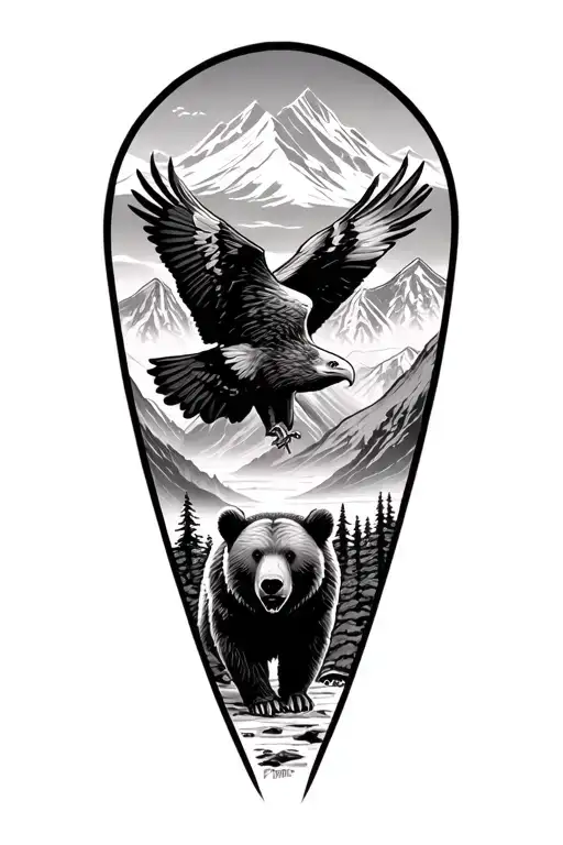 Alaska mountains scene featuring eagle soaring and a bear tattoo design idea