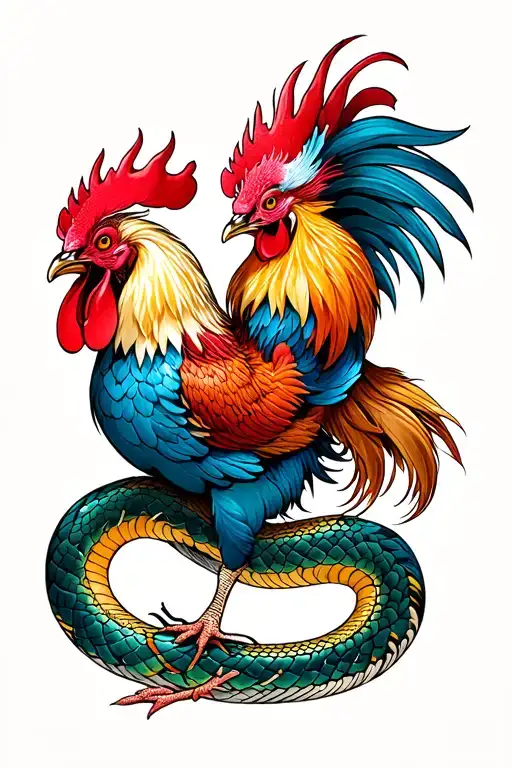 Japanese rooster and snake fighting  tattoo design idea