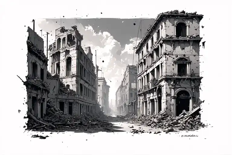 An ancient Roman-inspired cityscape, surrounded by ruins and the echoes of destruction. Perspective from the street. tattoo design idea