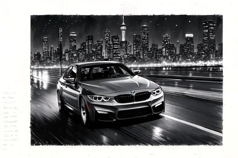 BMW driving towards the Toronto skyline in the night tattoo design idea