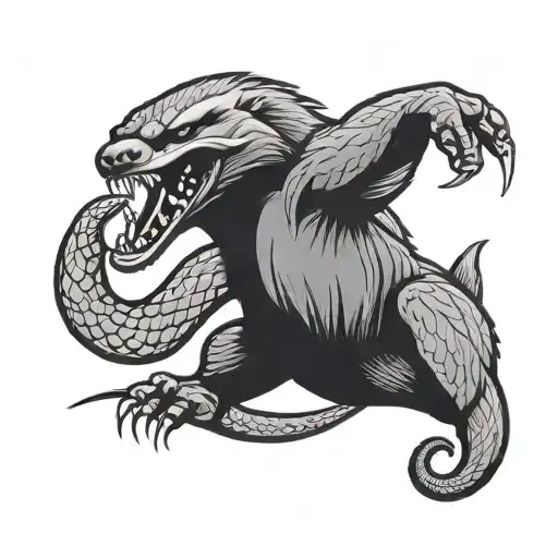 honey badger fighting a snake angry folk style traditional tattoo design idea