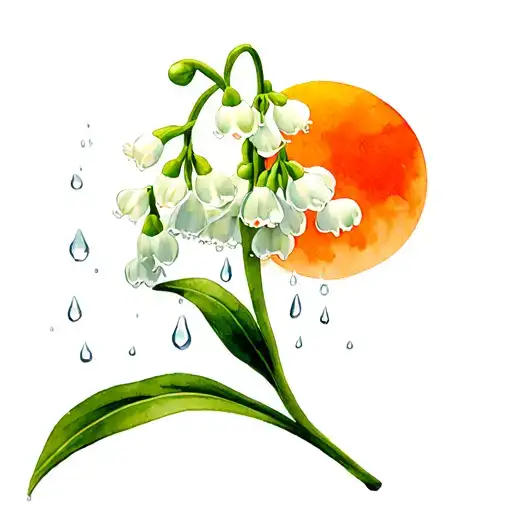 Lilly of the valley flower with rain drops falling off the petals. The sun is a beautiful orange sunset. tattoo design idea