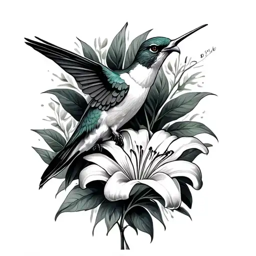 hummingbird, hawk, day lily flower tattoo design idea