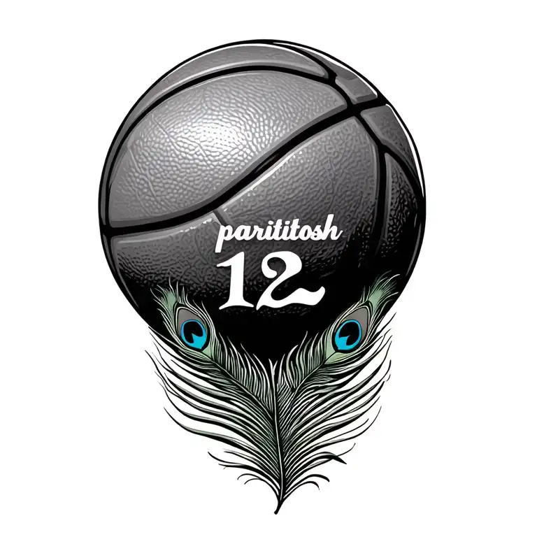 basketball, number 12, peacock feather, text 'paritosh' tattoo design idea