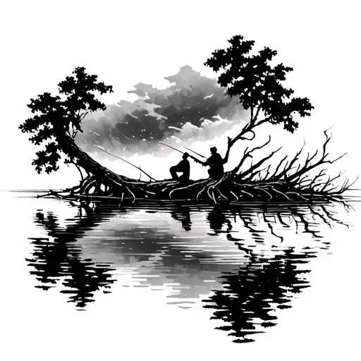 tall prominent mangrove reflecting in the water with a fisherman sitting on its roots casting a fishing rod in the water tattoo design idea