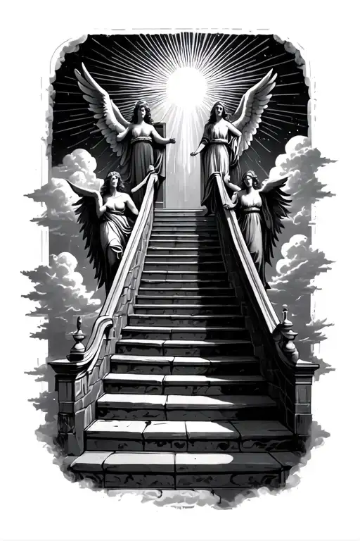 stairway to heaven walking up stairs angels sun rays clouds heaven gate at the top of the stairs  tattoo design idea