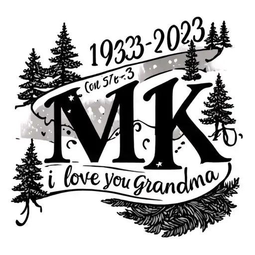 a male arm sleeve tattoo with pine trees the initials MK the year 1953-2023 and lettering that says i love you grandma tattoo design idea