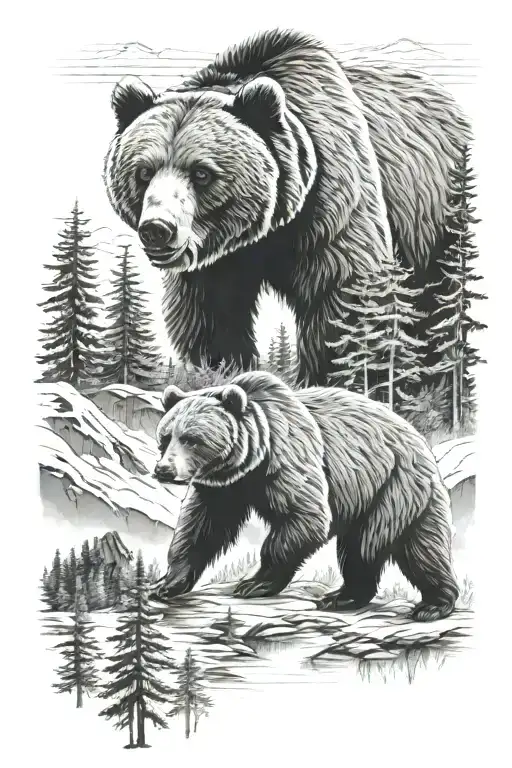 grizzly bear, mountains and trees  tattoo design idea