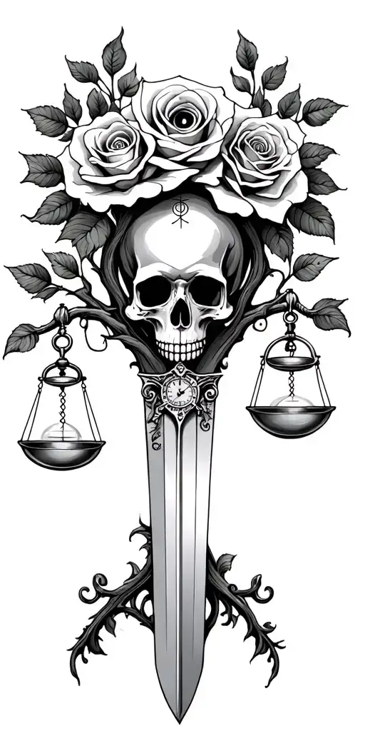 family tree, rose intertwined, evil eye, skull, scales, truth, pocket watch, hour glass, sword tattoo design idea
