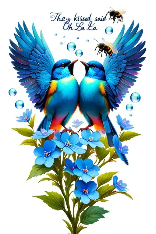 "They kissed and said Oh La La" 2 birds with raindow holographic wings, on a branch of blue forget me not flowers with bees and bubbles in the air tattoo design idea