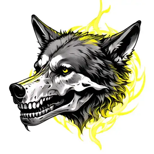 A tattoo for a wolf head comes out of a human skull, surrounded by light yellow aura, a relatively easy tattoo, a slightly licking wolf, a clear tattoo, a wavy aura and a tattoo design idea