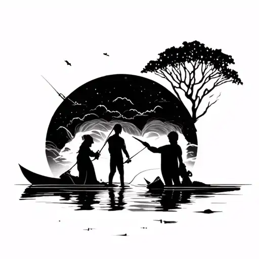 man fishing alone with spirit imof girl watching tattoo design idea