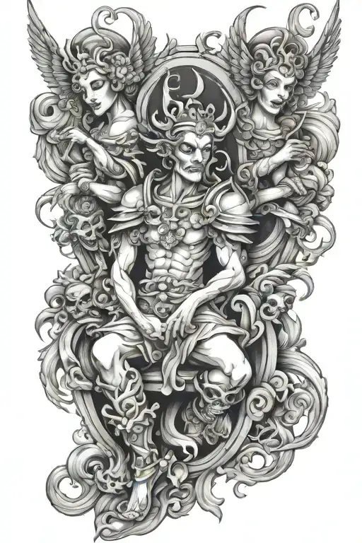 leg sleeve with jesters, angels, demons, calliope. light and cheerful but unsettling and eerie tattoo design idea