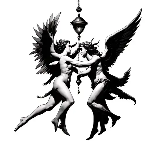 angel and demon dancing under pendulum swinging tattoo design idea
