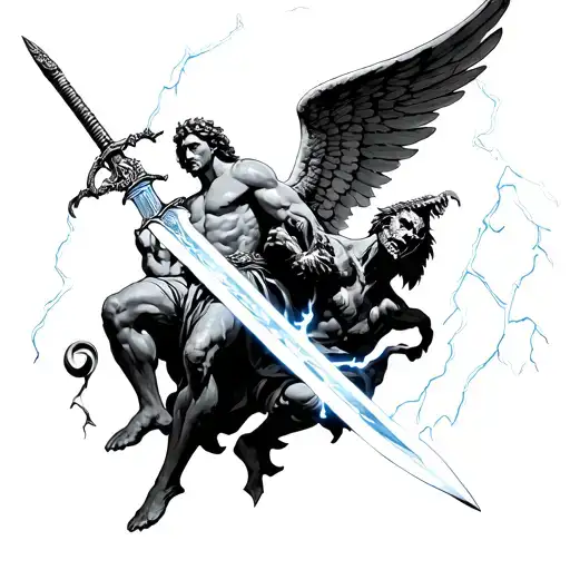 Archangel Michael defeating satan with a sword like a bolt of lightning tattoo design idea