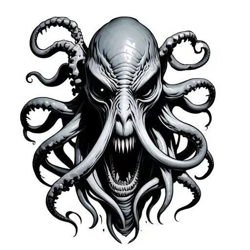 horror alien male with tentacles teeth claws and Cthulhu tattoo design idea
