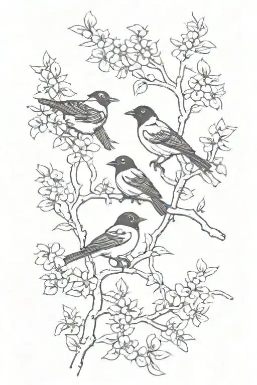  three small black birds sitting together silhouetted against a delicate horizontal cherry tree branch with blossoms.  tattoo design idea