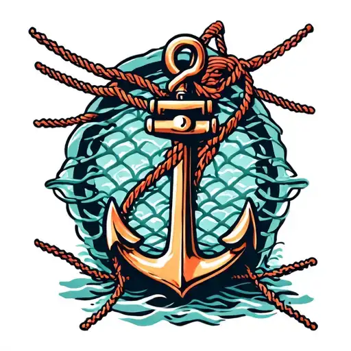 fish net boat anchor tattoo design idea