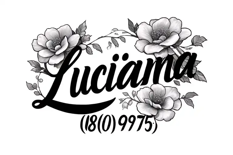just the name Luciana written in cursive with no flowers at all and small roman numerals on the bottom 08/09/1975 tattoo design idea
