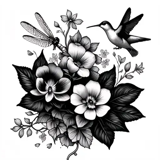 trumpet flowers, forget me nots, lotus flowers, pansies, dragon fly, humming bird, and sailor knot full sleeve tattoo design idea