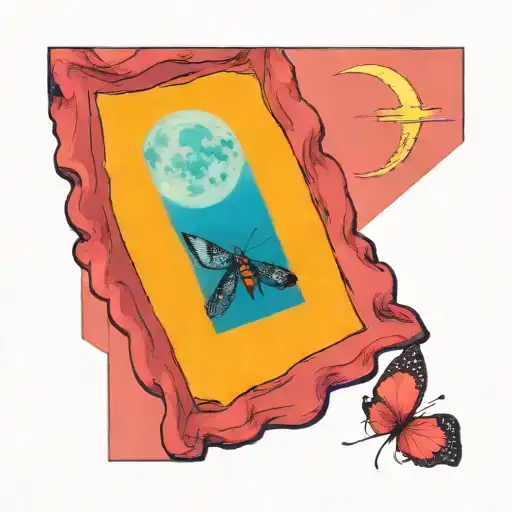 A colorful moth flying under a full moon in a serene ocean setting tattoo design idea