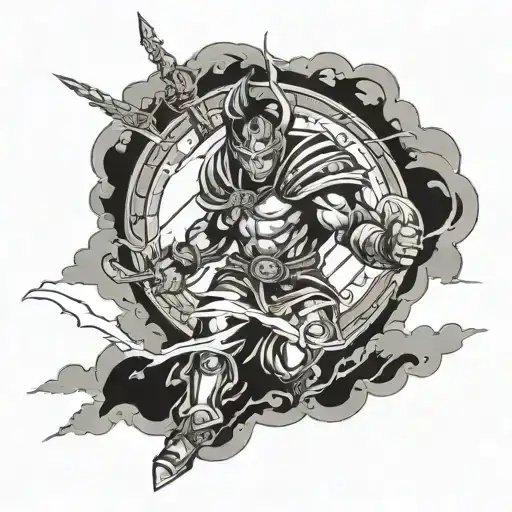 A powerful tattoo design of a fierce warrior wielding a sword and shield, with a background of swirling clouds and lightning bolts tattoo design idea