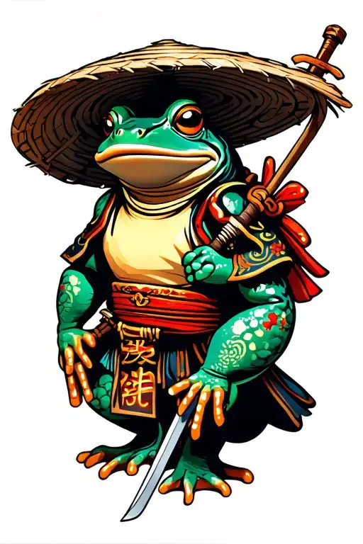 japanese samurai frog wearing straw hat and has sword tattoo design idea