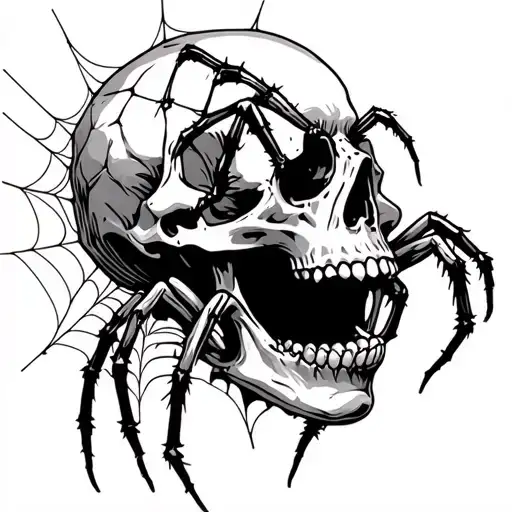spider crawling out of mouth of a skull at 3/4 view with spiderwebs background tattoo design idea