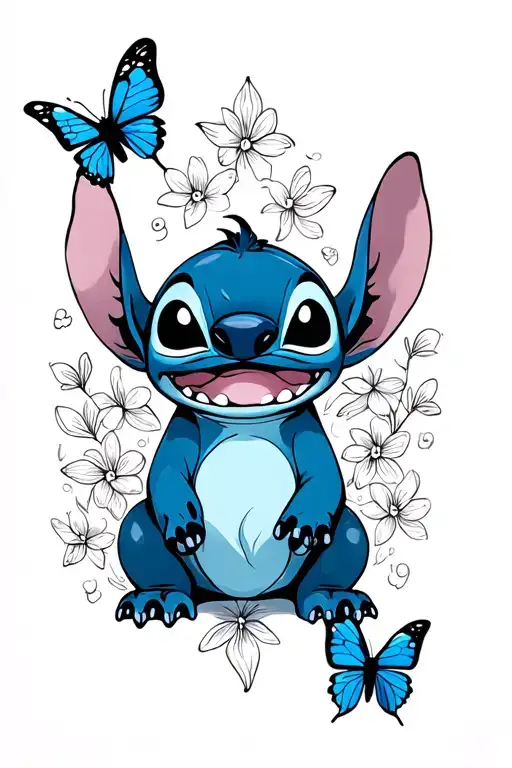 Lilo and Stitch themed tattoo with a blackwork design featuring Ohana symbol and Stitch surrounded by butterflies tattoo design idea