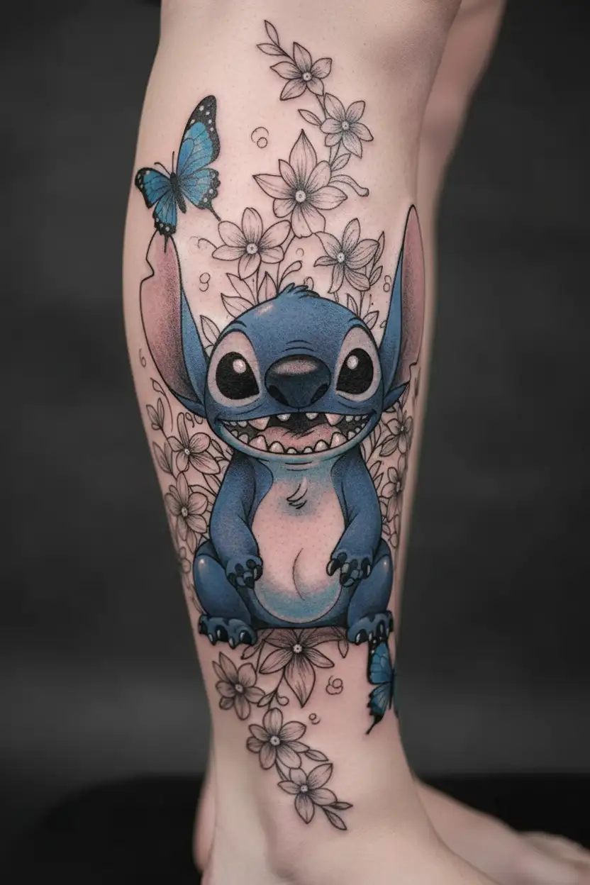 Lilo and Stitch themed tattoo with a blackwork design featuring Ohana symbol and Stitch surrounded by butterflies tattoo design idea