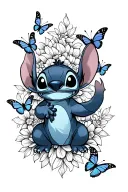 Lilo and Stitch themed tattoo with a blackwork design featuring Ohana symbol and Stitch surrounded by butterflies tattoo design idea