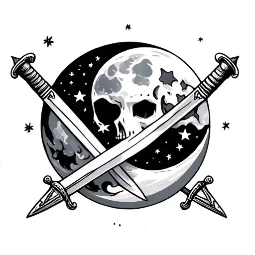 moon and stars with swords crossing tattoo design idea