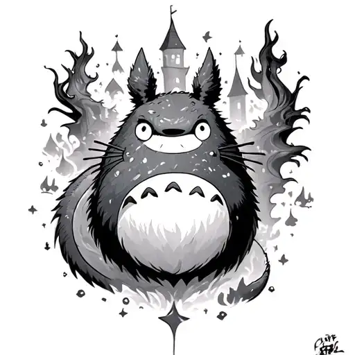 Howls castle and calcifer Kodama  No face and dragon haku  and dust sprites totoro tattoo tattoo design idea