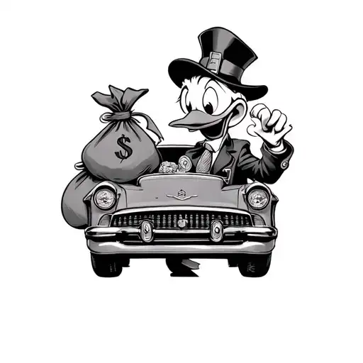 scrooge mcduck with money bag and modern car surrounded tattoo design idea
